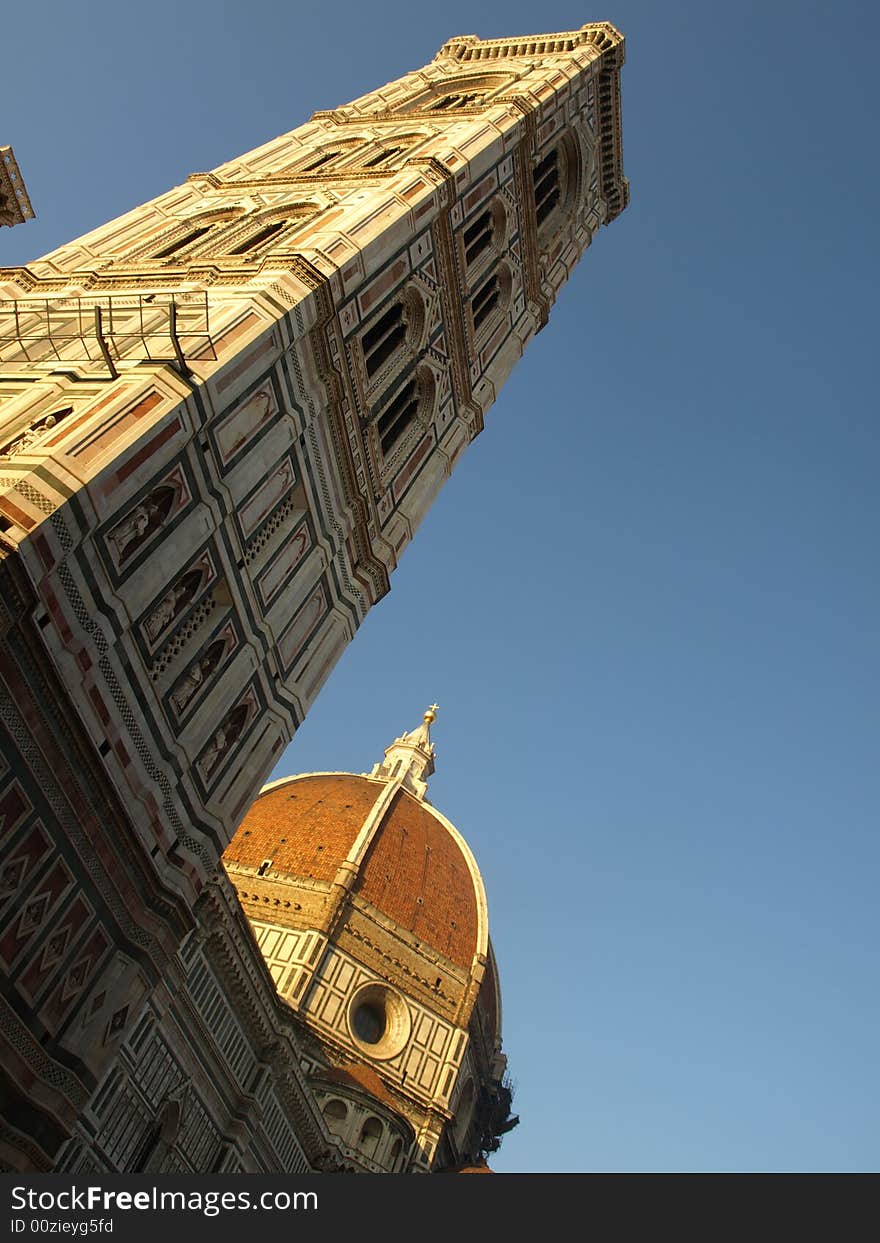 A suggestive glimpse of the Dome of Florence with the Giotto bells tower. A suggestive glimpse of the Dome of Florence with the Giotto bells tower