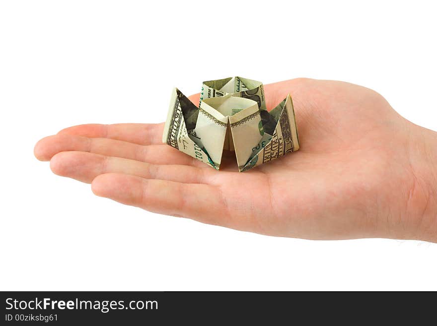 Hand and money ship isolated on white background