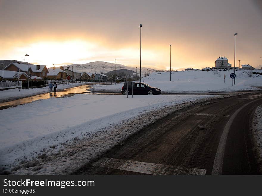 Crossing the roads with lot of snow in a mountains