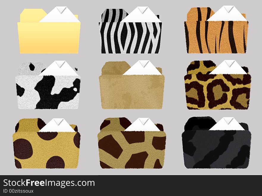 Set of 9 folder icons in windows style and animal fur textures with clipping path. Set of 9 folder icons in windows style and animal fur textures with clipping path