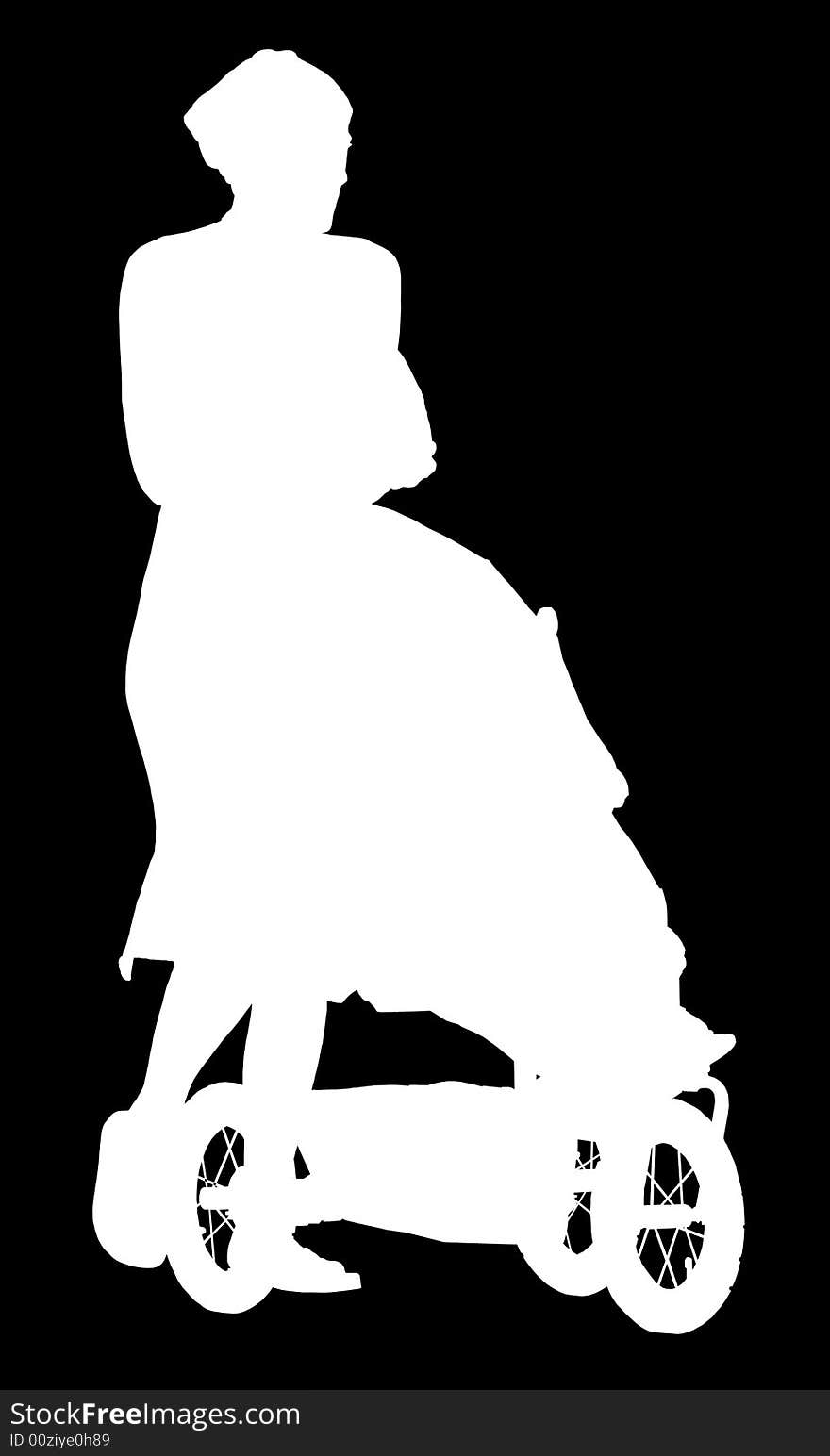 Illustration, woman's silhouette with baby coach, black and white colour. Illustration, woman's silhouette with baby coach, black and white colour