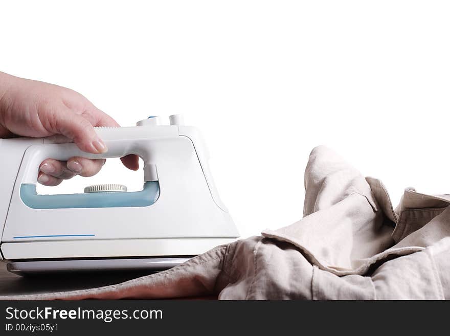 Smoothing Iron, Hand and Clothes Isolated over White