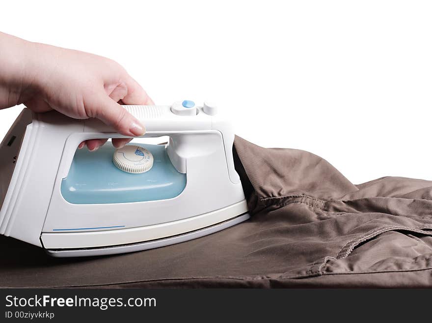 Smoothing Iron, Hand and Clothes Isolated over White