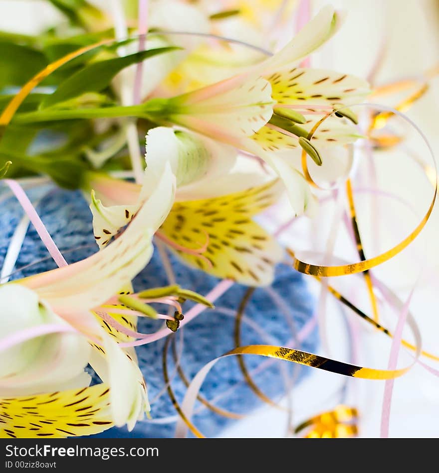 Flowers on blue fabric background