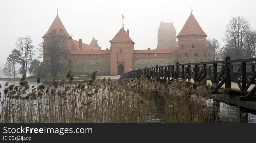 Trakai castle. Morning fog. Spring