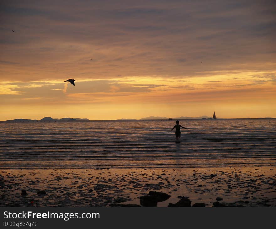 A boy is playing on the beach