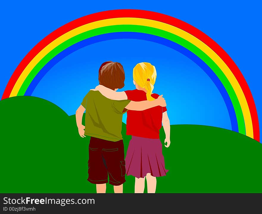 Two kids standing together underneath a rainbow. Two kids standing together underneath a rainbow.