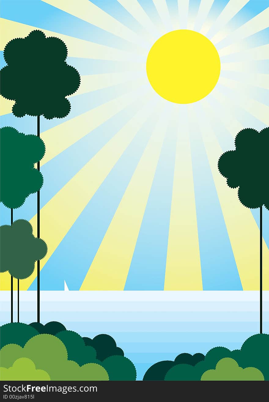 Vector illustration of a sunny seascape with high trees. Vector illustration of a sunny seascape with high trees