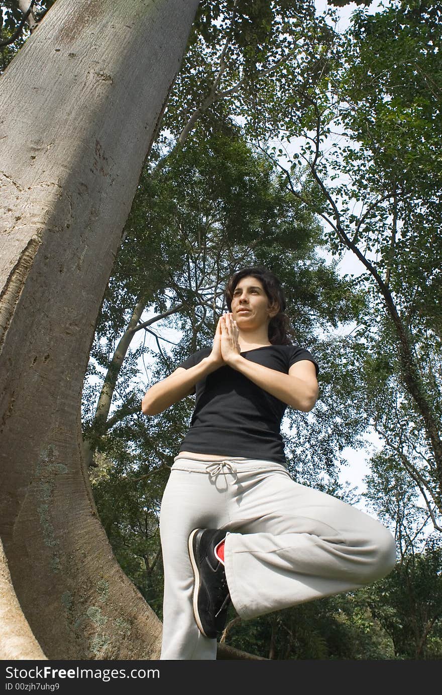 Young, attractive woman is standing next to a tree.   She appears to be performing yoga.  Vertically framed shot. Young, attractive woman is standing next to a tree.   She appears to be performing yoga.  Vertically framed shot