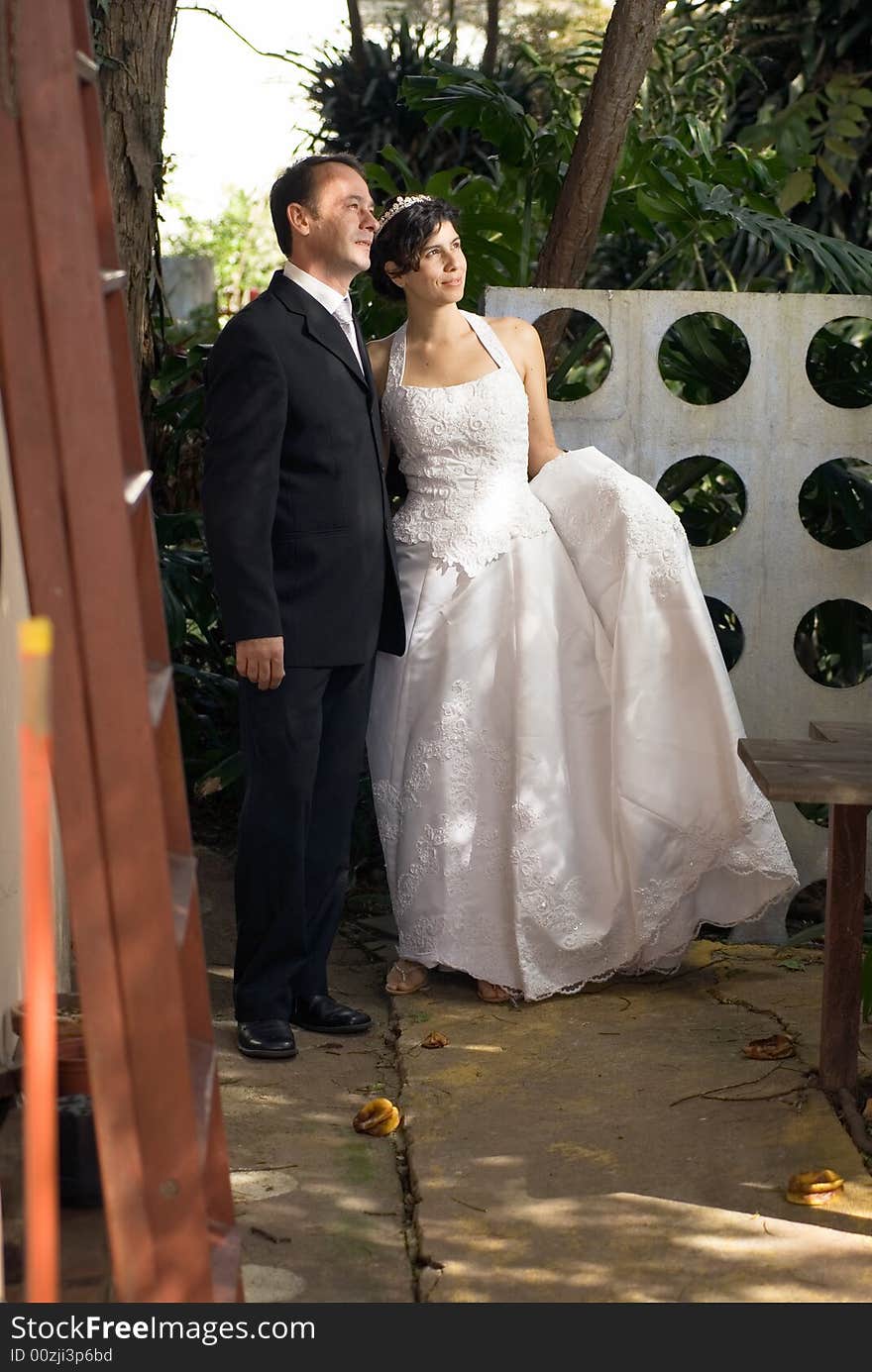 A married couple still in their wedding clothes look away from the camera, while a scenic background is behind them. - vertically framed. A married couple still in their wedding clothes look away from the camera, while a scenic background is behind them. - vertically framed