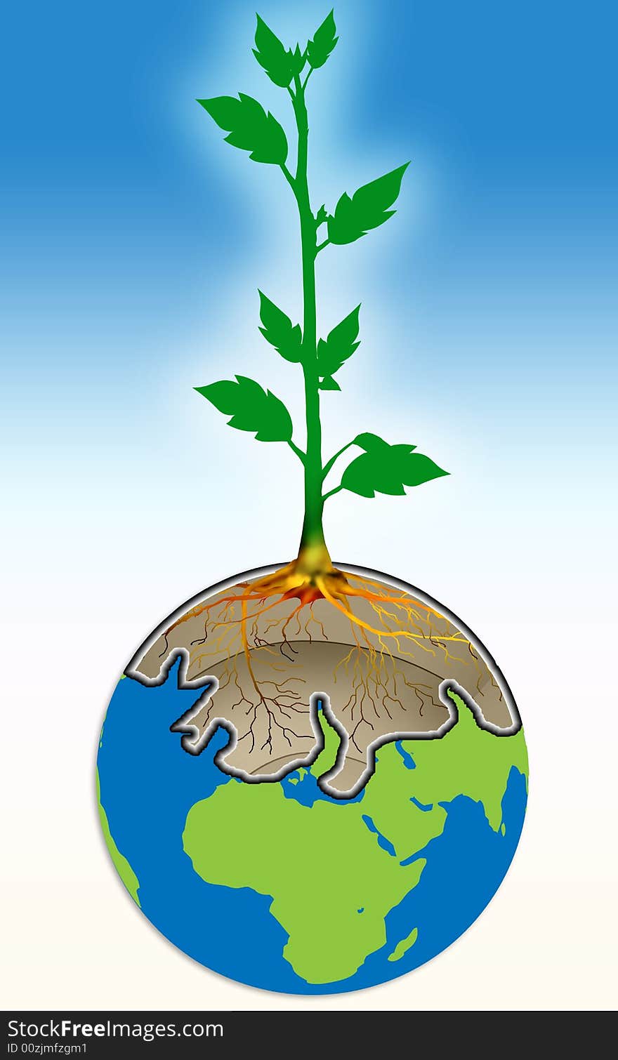 The tree displayed with roots soil is inside of earth with blue  gradient background . The tree displayed with roots soil is inside of earth with blue  gradient background