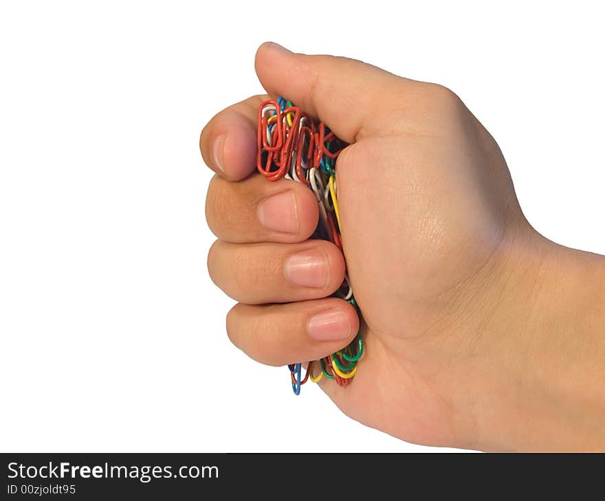 Paper clip in hand isolated on white background