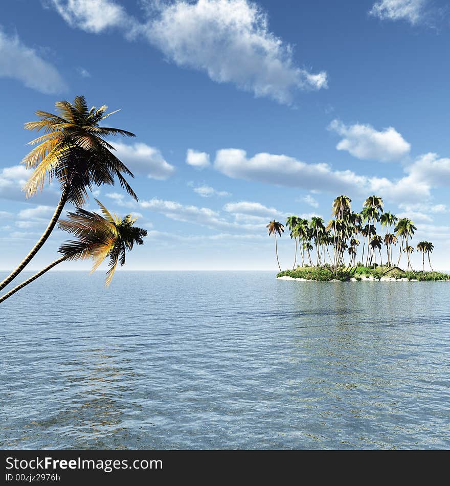 Coconut palm trees on a small island - digital artwork. Coconut palm trees on a small island - digital artwork