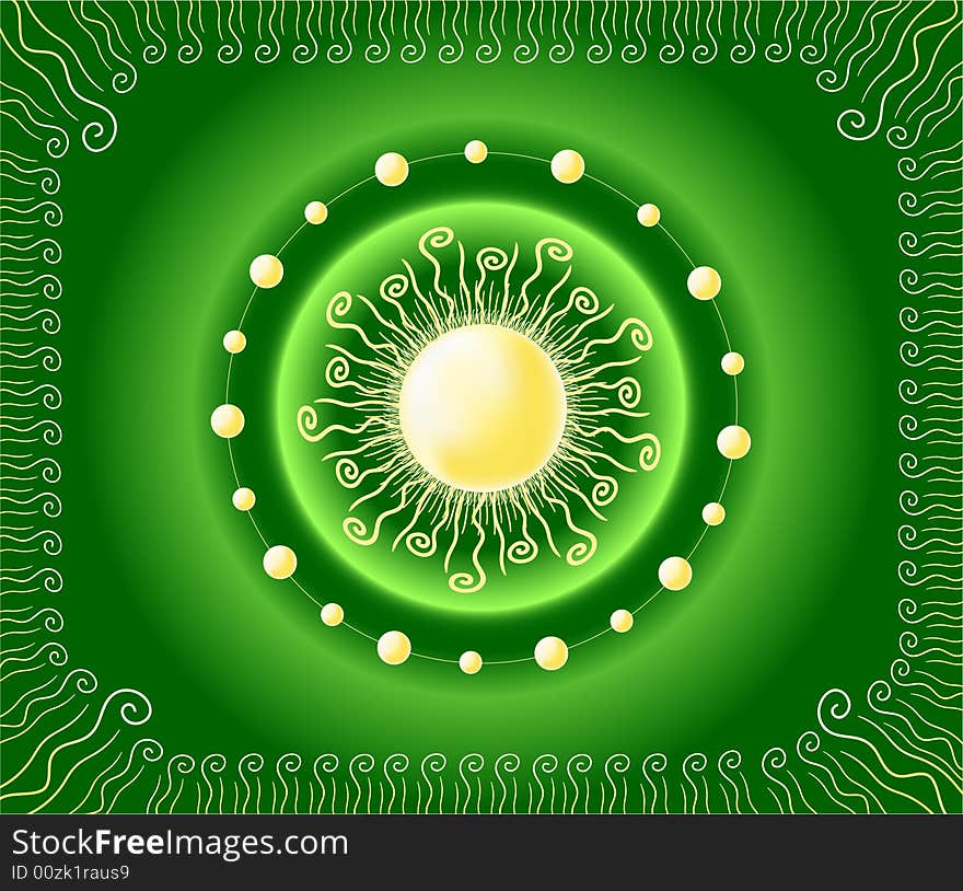 Yellow sun in the green background. Yellow sun in the green background