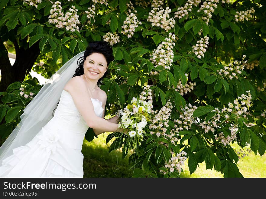 A happy bride near the tree. A happy bride near the tree