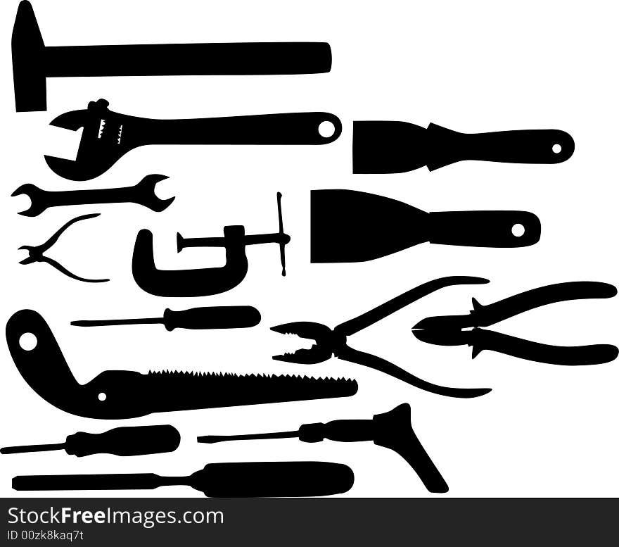 Illustration with different tools silhouettes isolated on white background