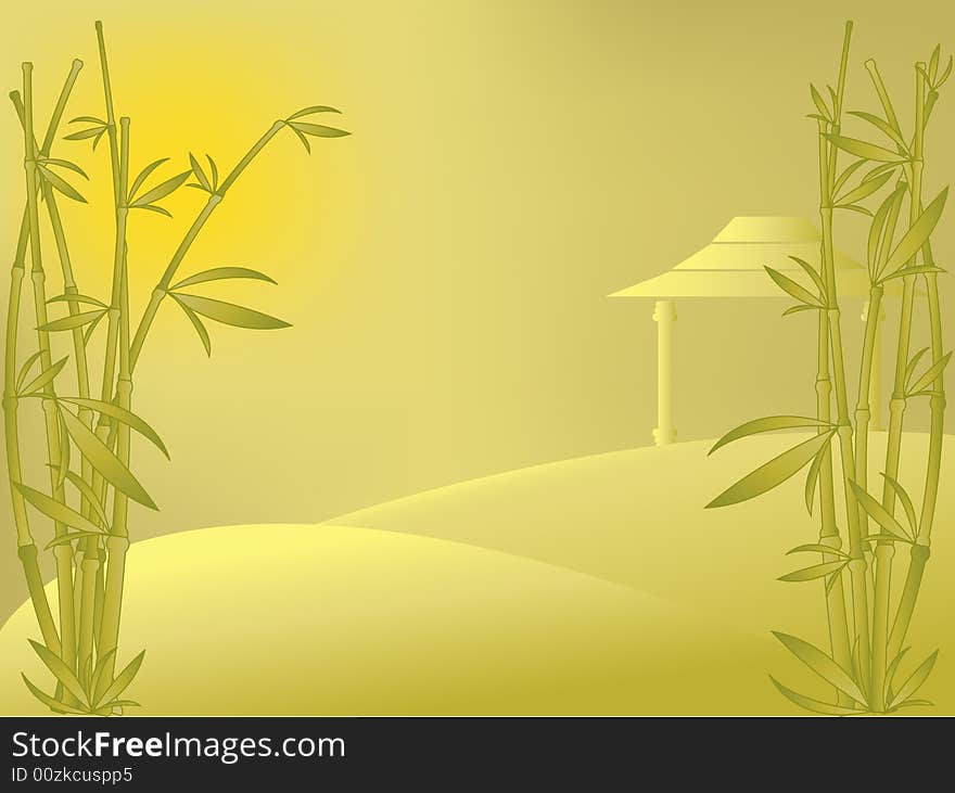 Vector eastern landscape with bamboo, house and sunrise. Meshes used for background only.