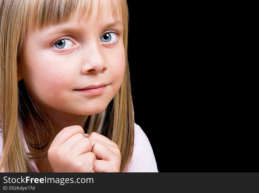 Blond Girl with big blue eyes on a black background