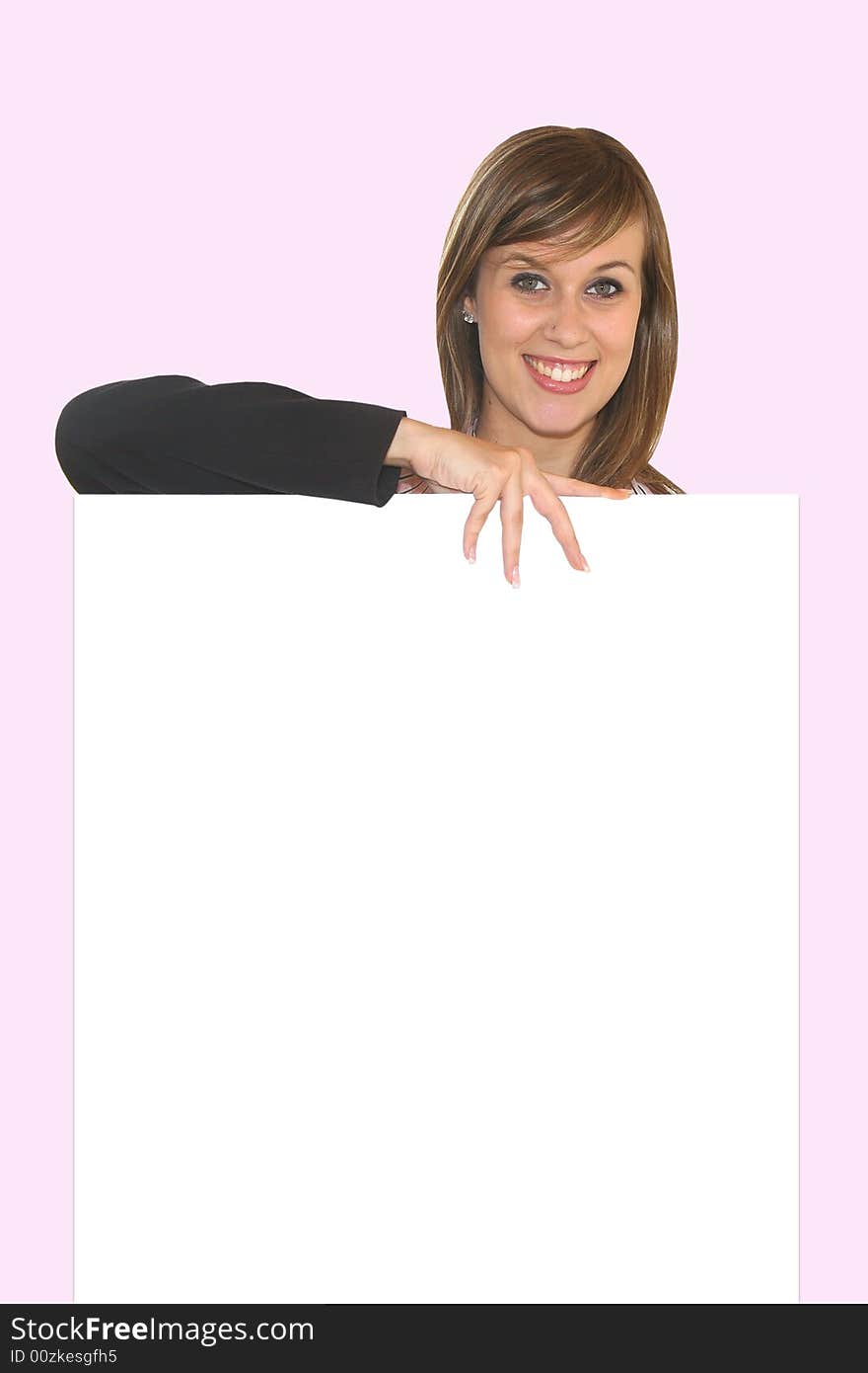 Young business girl with white card on pink background