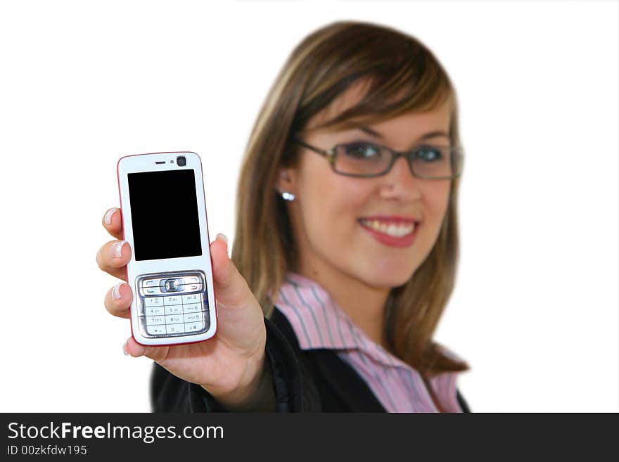 Young business girl with mobile phone on white background