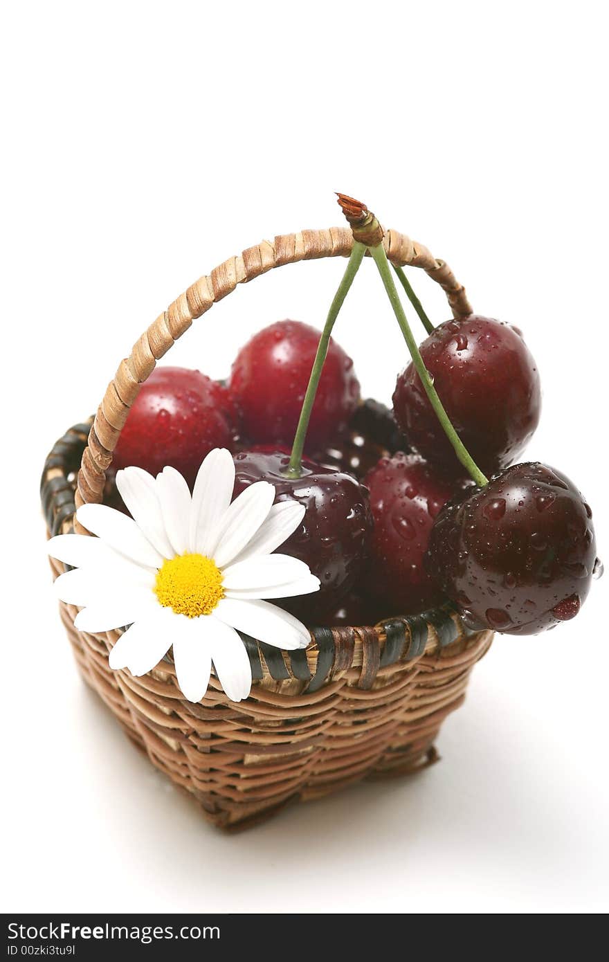 Cherry in a basket isolated on white with whith flower.