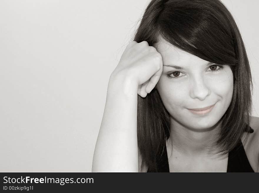 Young woman on red/yellow background. Young woman on red/yellow background