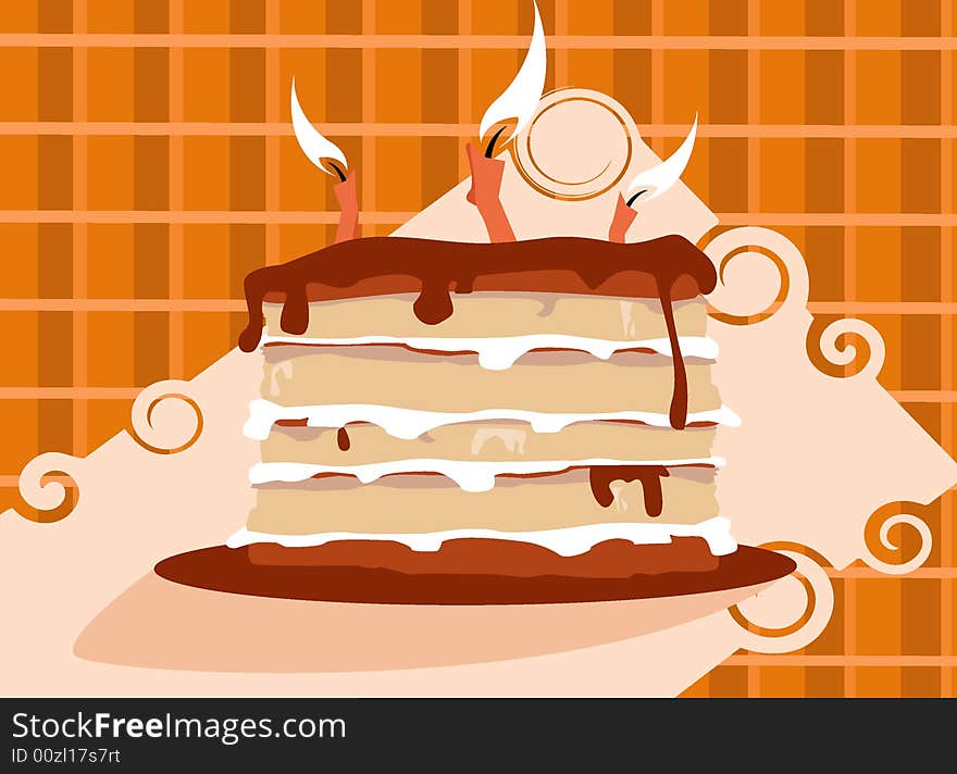 Illustration of a delicious birthday cake on a table cloth ready to be eaten. Illustration of a delicious birthday cake on a table cloth ready to be eaten