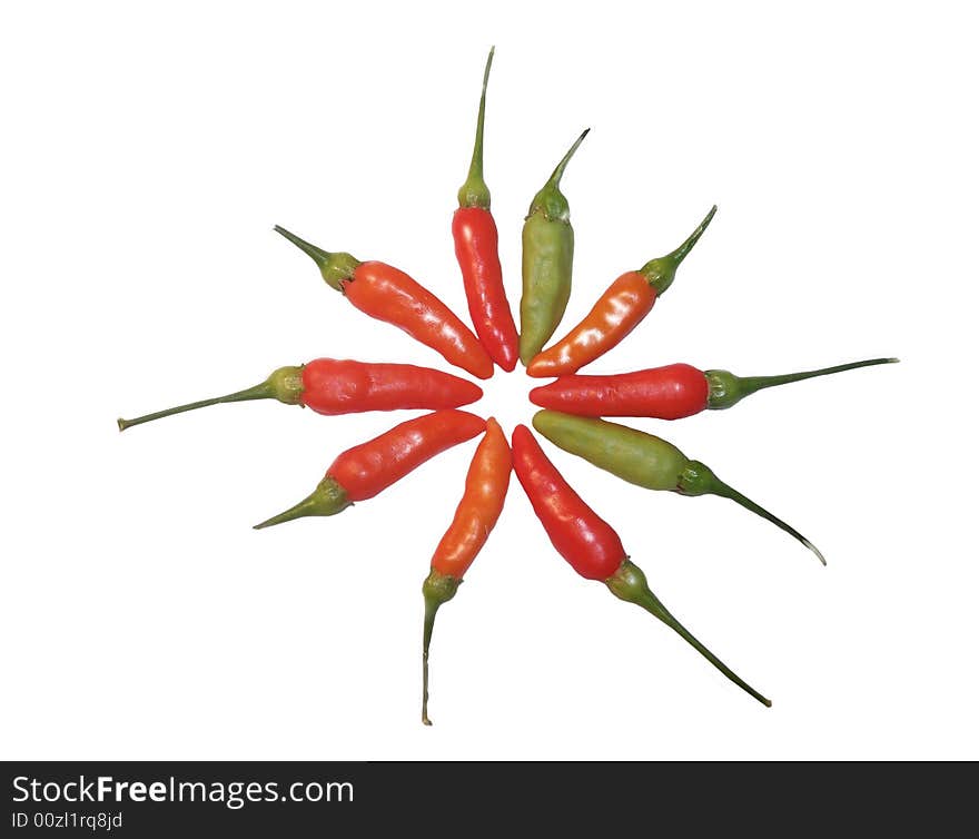 Red,green, orange, hot peppers forming a circle, isolated over-white. Red,green, orange, hot peppers forming a circle, isolated over-white