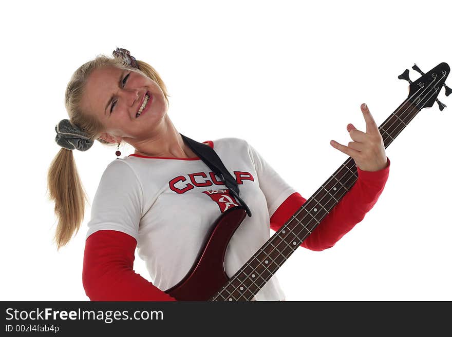 Girl with guitar isolated on white background