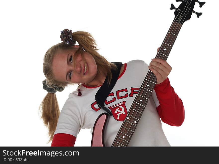 Girl with guitar isolated on white background