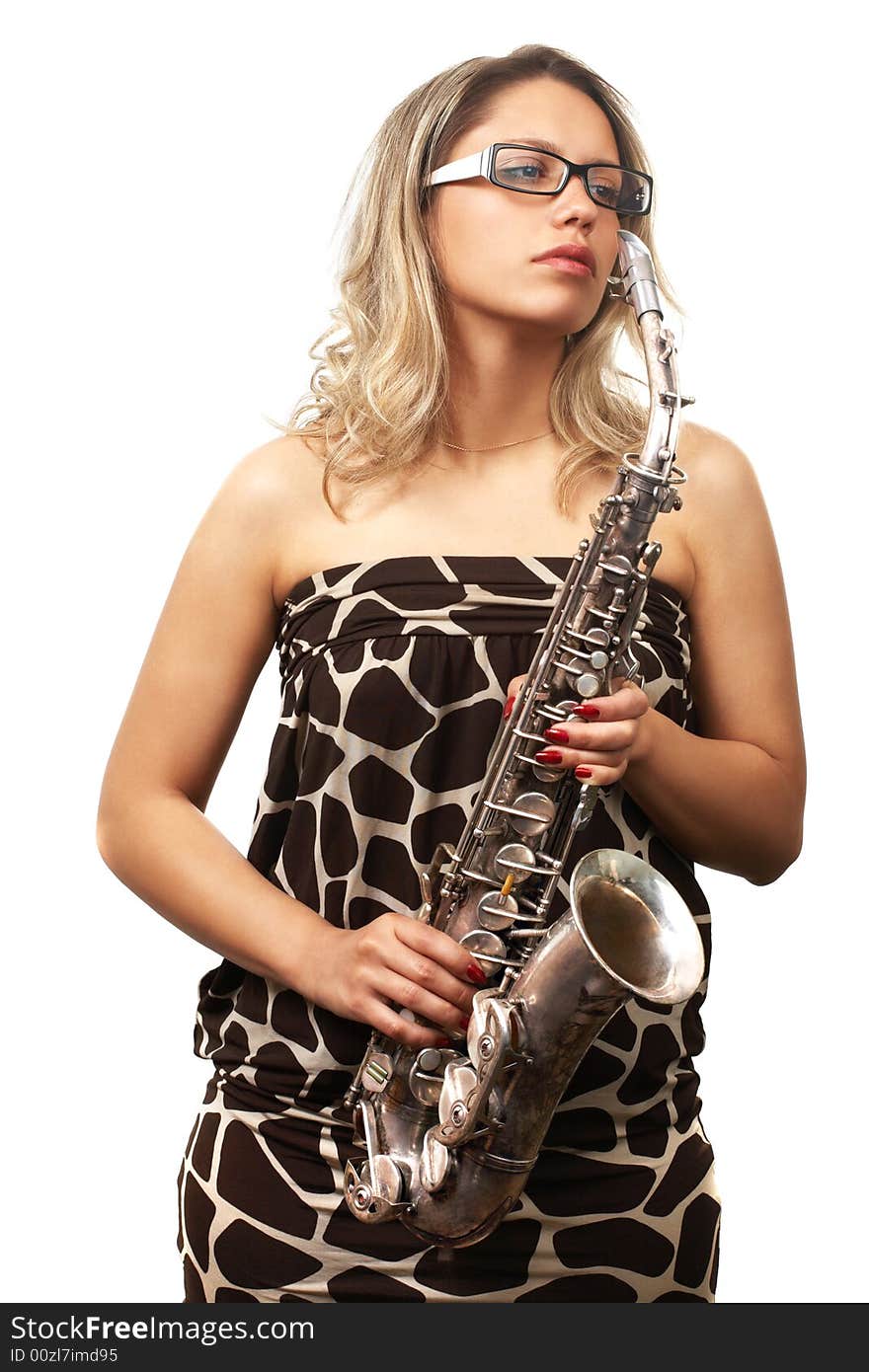 Portrait of beautiful girl with saxophone on white. Portrait of beautiful girl with saxophone on white