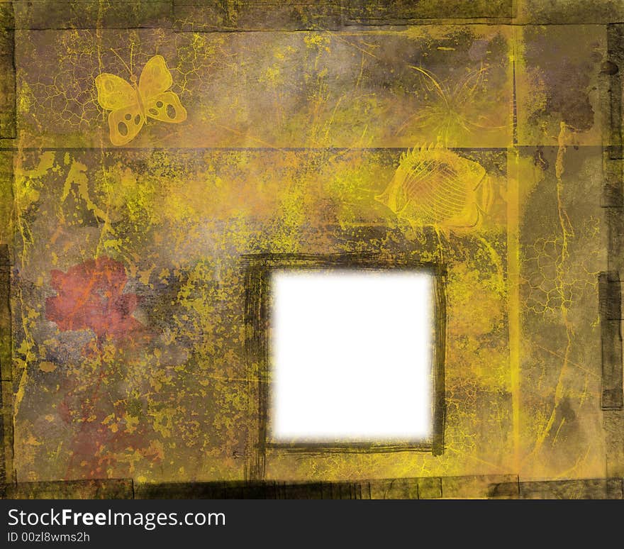 Grunge background with filigree, cracks, dirt, floral, and brick