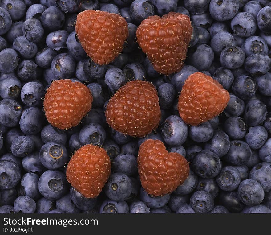 Raspberries on Blueberries