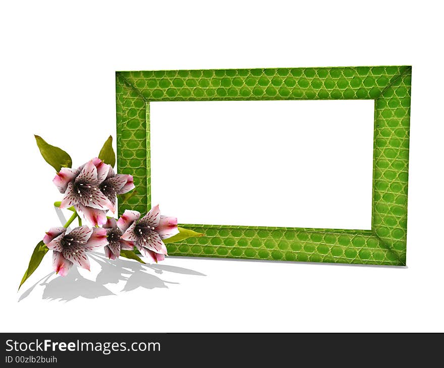 Photo frame in leather green snake, a lily flower on a white background. Photo frame in leather green snake, a lily flower on a white background.