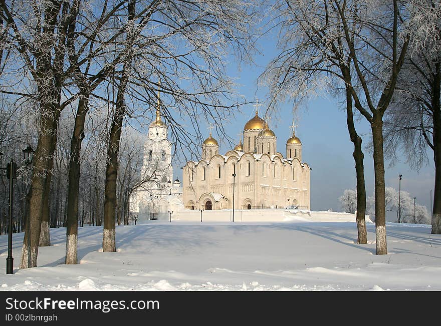 Russian christian cathedral in frost winter day. Russian christian cathedral in frost winter day