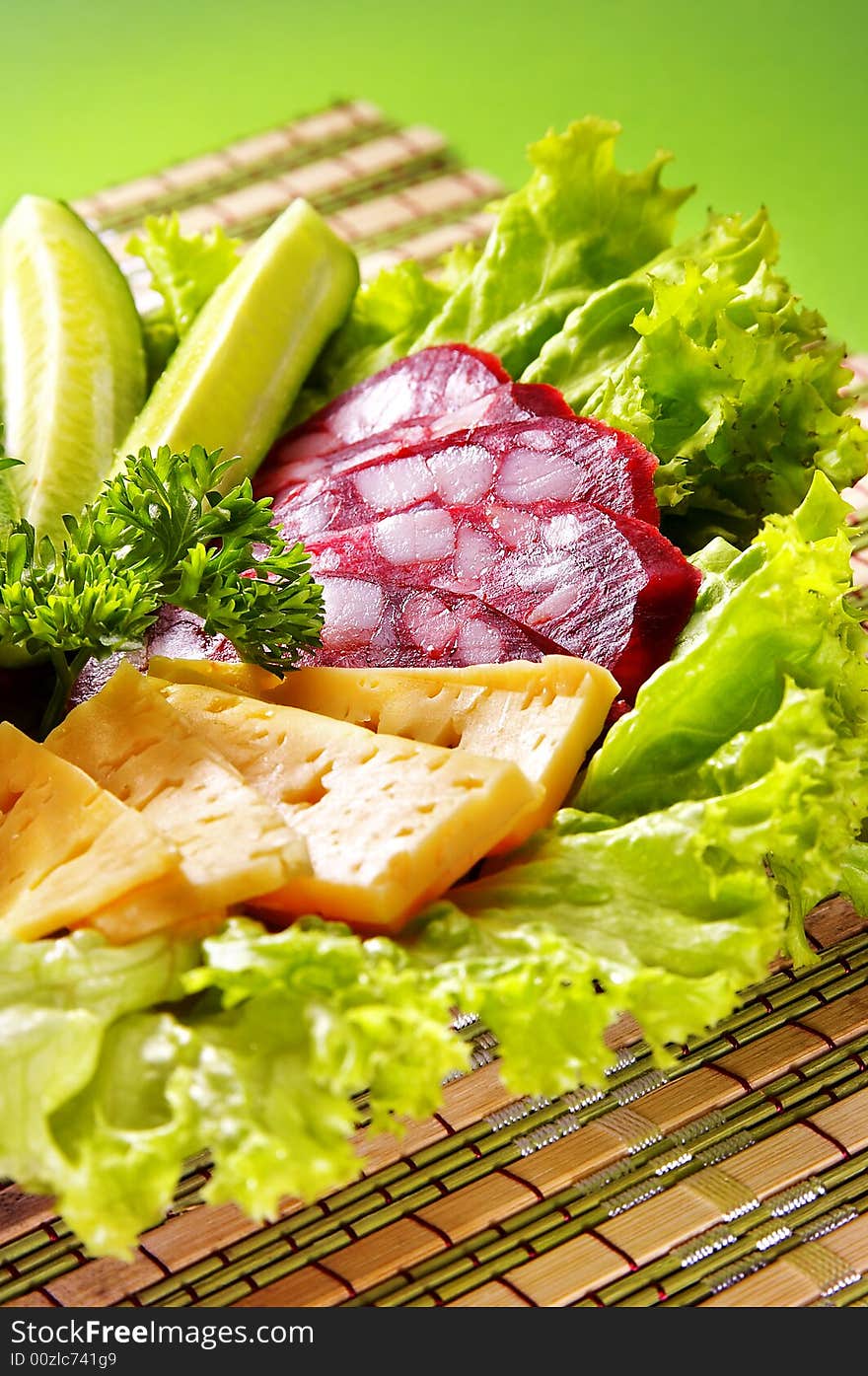 Close-up of a  vegetables, cheese and meat. Close-up of a  vegetables, cheese and meat