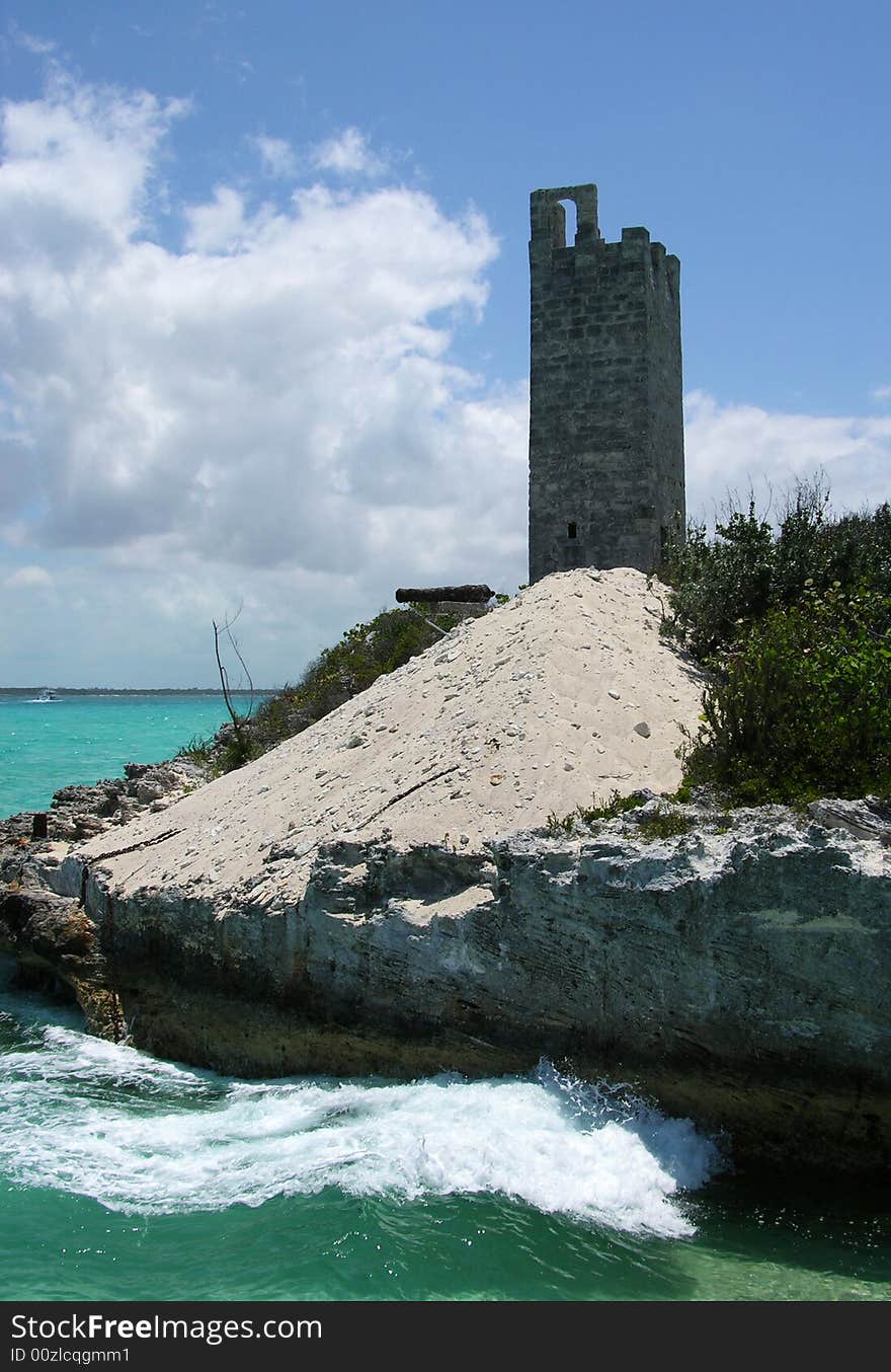 The old fort tower on a small Blue Lagoon island, The Bahamas. The old fort tower on a small Blue Lagoon island, The Bahamas.