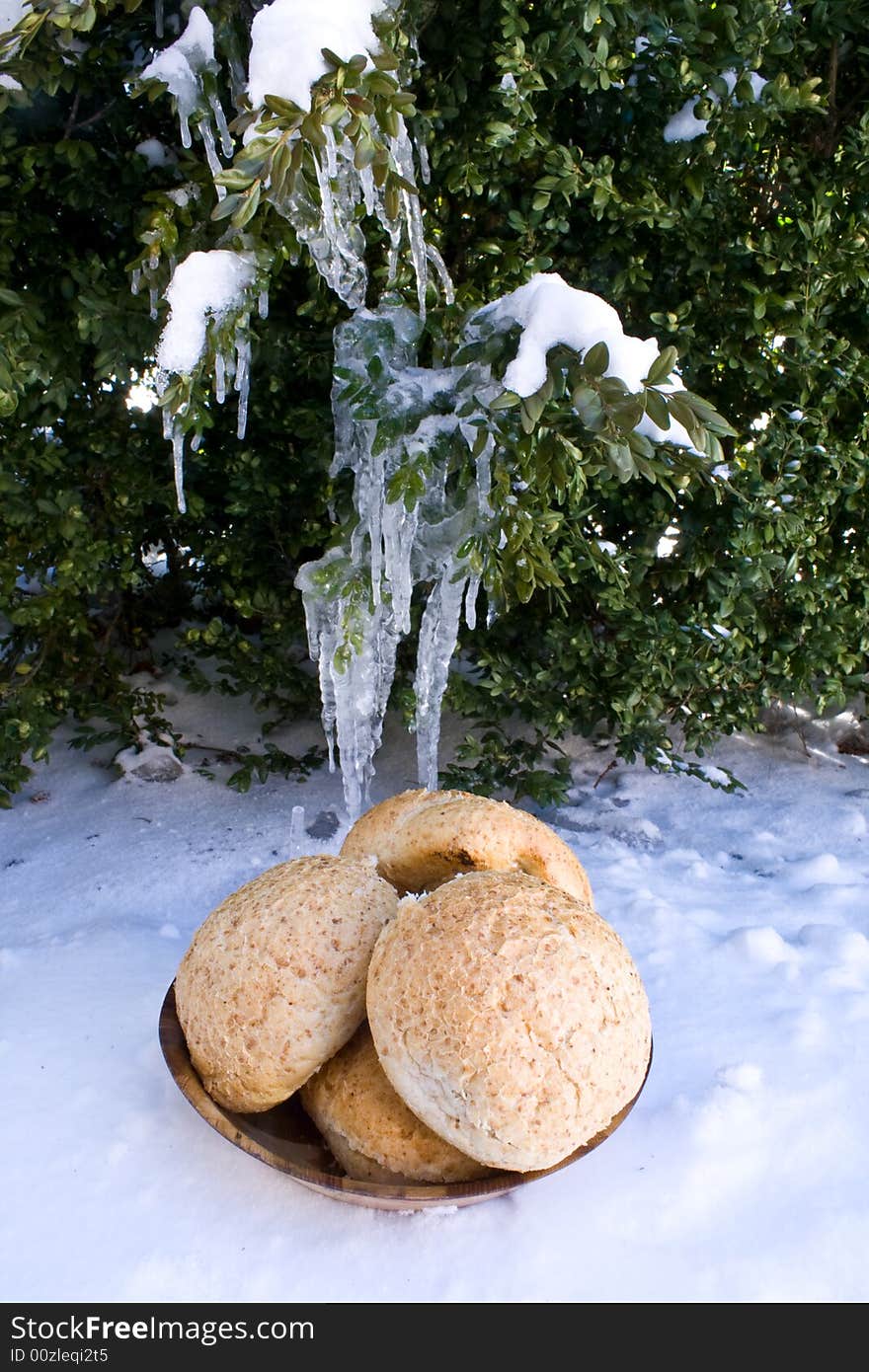 Bread on snow with frozen ice. Bread on snow with frozen ice