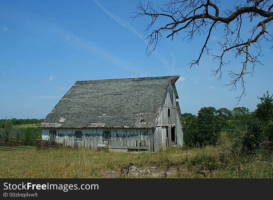 Old spooky barn next to a dead tree. Old spooky barn next to a dead tree