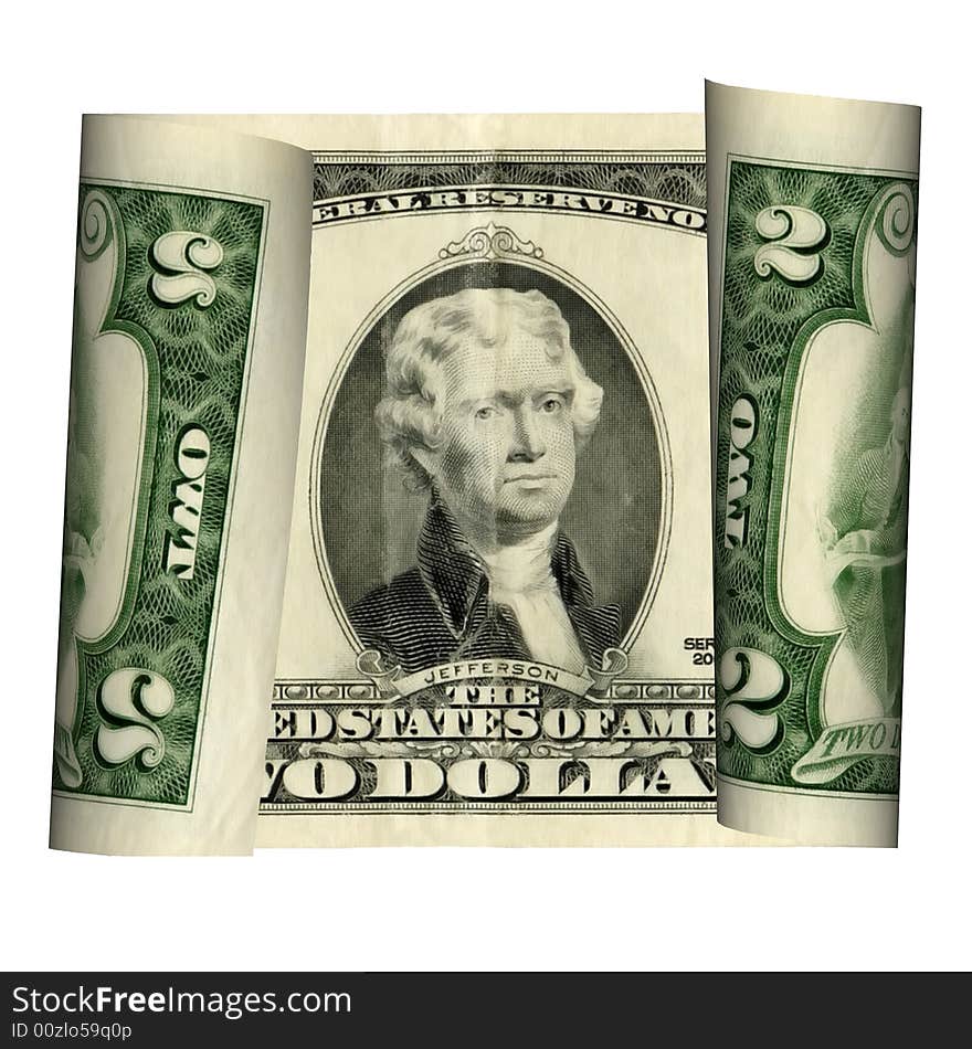 United States two dollar bill isolated on a white background