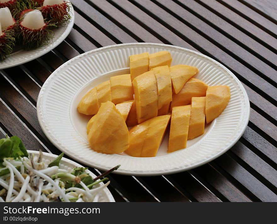 Plate of fresh tropical mango on a plate.