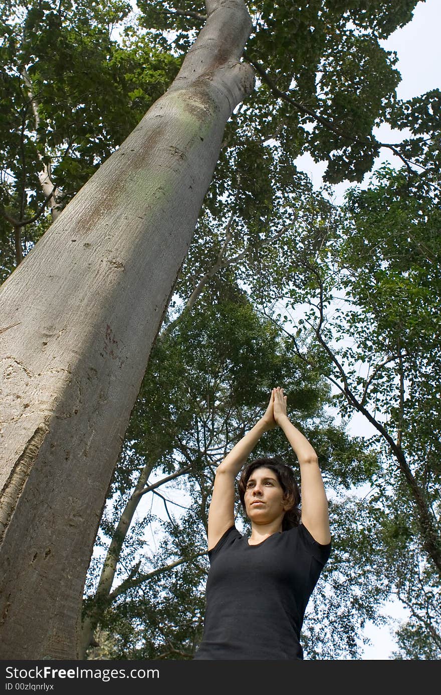 Woman Performing Yoga Next to a Tree - Vertical