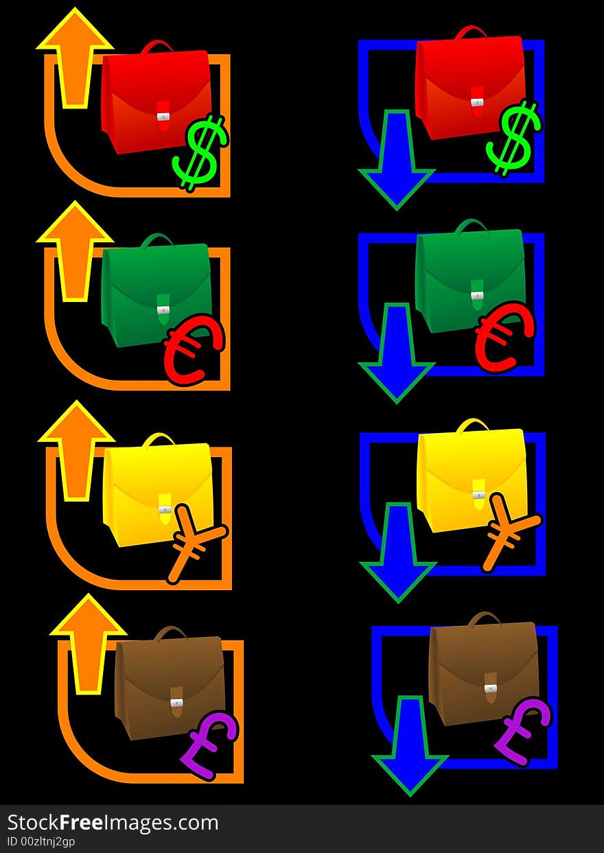 Icon of exchange rate with multi-coloured portfolios in a vector