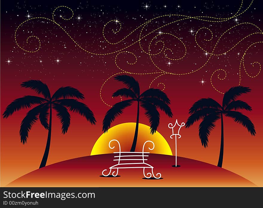 Illustration with palm trees & summer night