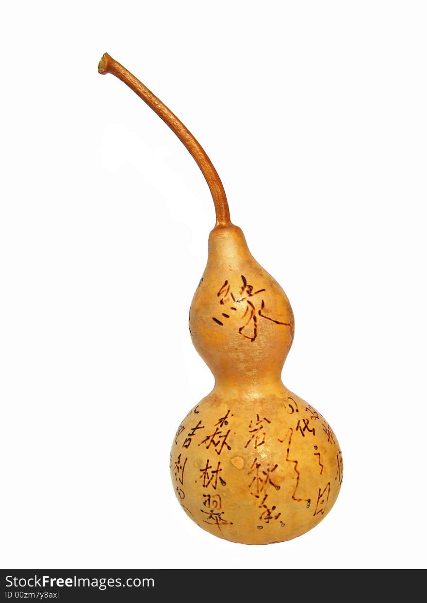 Bottle gourd with chinese characters on it.