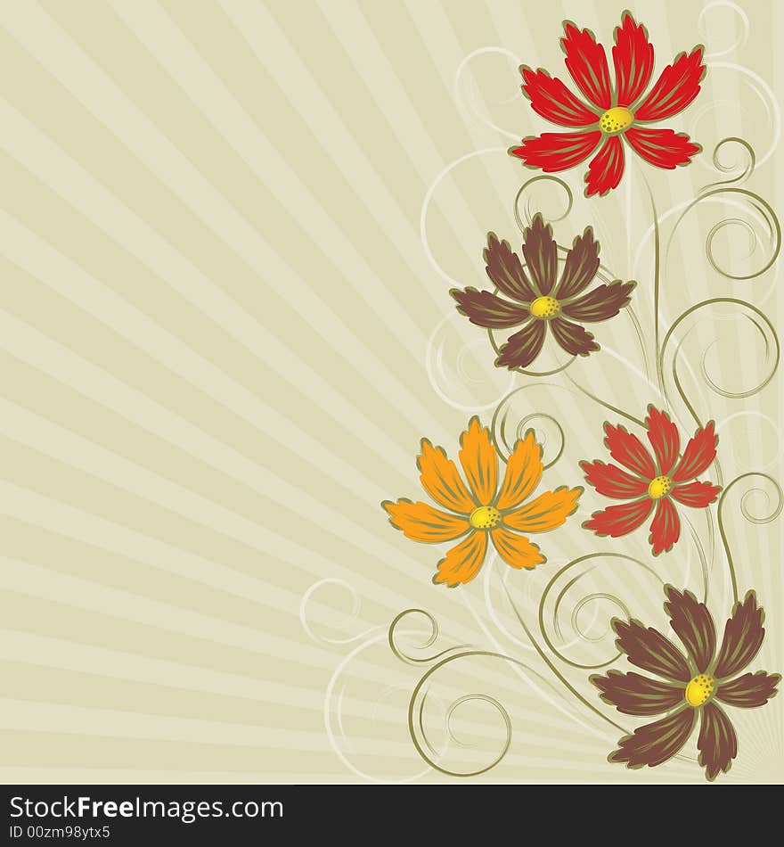 Background with abstract orange, red, brown flowers and gold branches. Background with abstract orange, red, brown flowers and gold branches