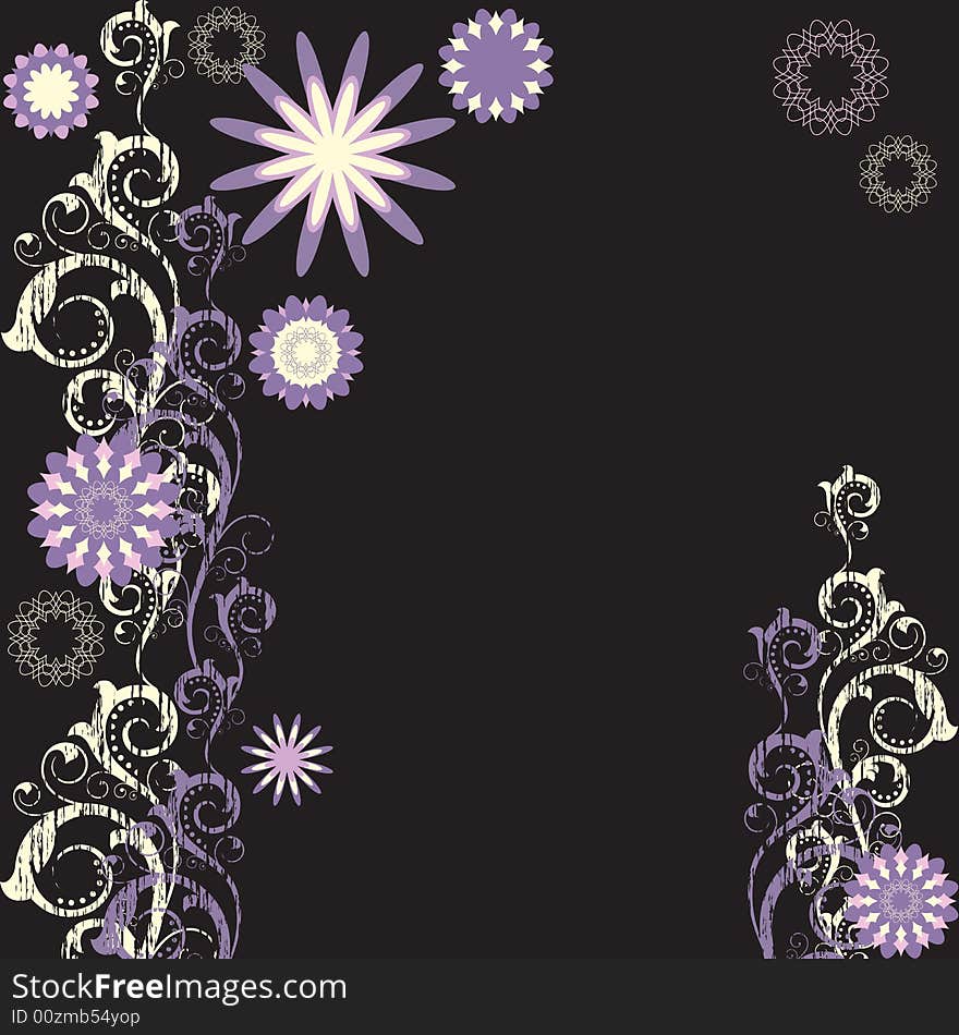 Black background with   abstract lilac and pink flowers and  branches. Black background with   abstract lilac and pink flowers and  branches