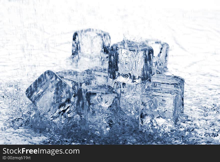 Melting ice cubes in water on white background. Melting ice cubes in water on white background