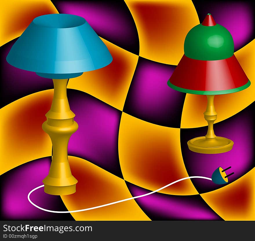 Abstract illustration with two bedroom lamps on colored background with distorted squares. Abstract illustration with two bedroom lamps on colored background with distorted squares