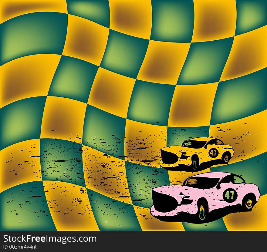 Abstract background with distorted squares and two colored racing cars. Abstract background with distorted squares and two colored racing cars